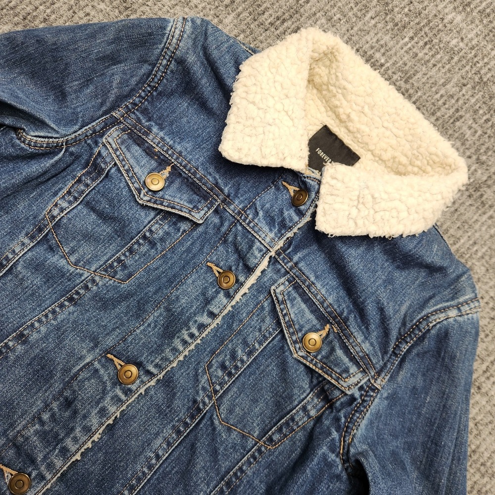 Forever 21 Jacket Womens S Blue Denim Sherpa Lined Faux Fur Collar Western